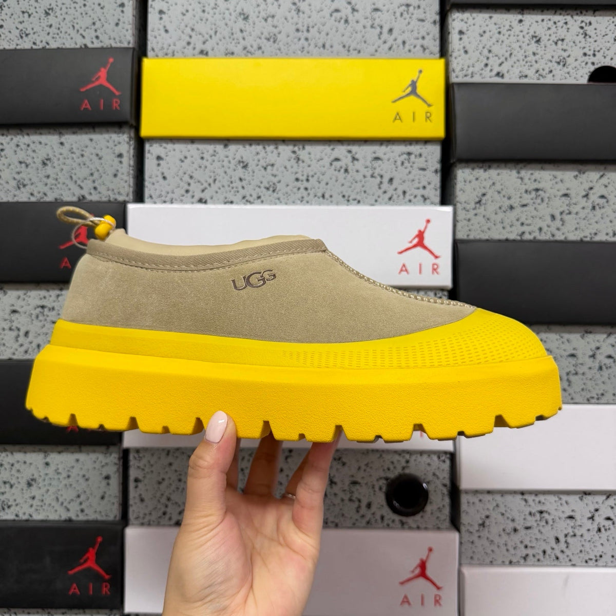 UGG Tasman X Platform Slip-On – Suede Clog with Shearling Lining, Paracord Toggle & Bold Yellow Chunky Platform Sole in Sand
