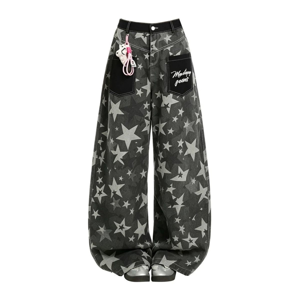 Camouflage Star Print Curved Baggy Wide Leg Washed Denim Jeans