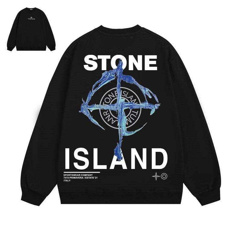 Stone Island Compass Print Crewneck Sweatshirt Men Winter Fleece Top