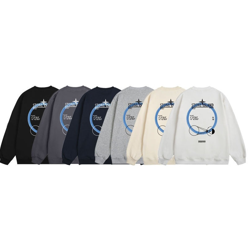 Stone Island Compass Print Crewneck Sweatshirt Men Winter Fleece Top