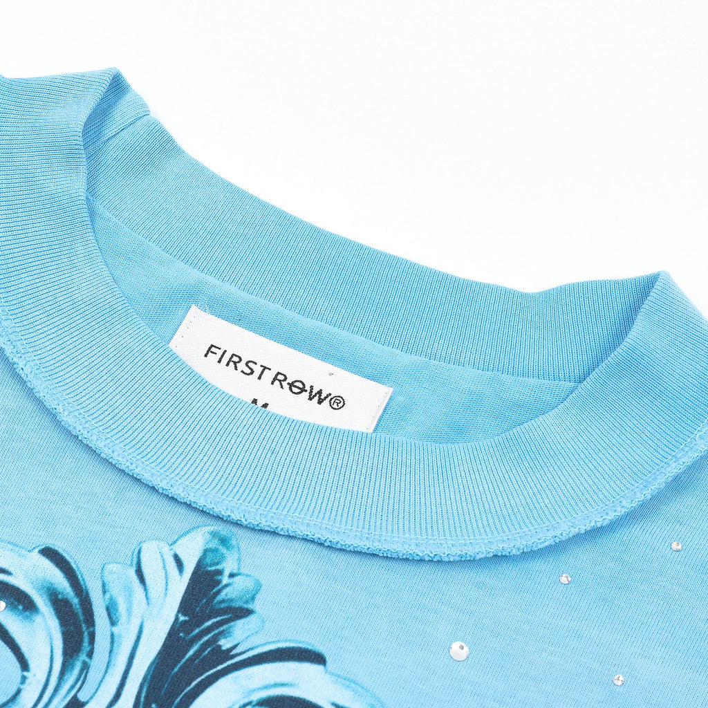 FIRST ROW Sky Blue Rhinestone Front & Back Graphic T-Shirt