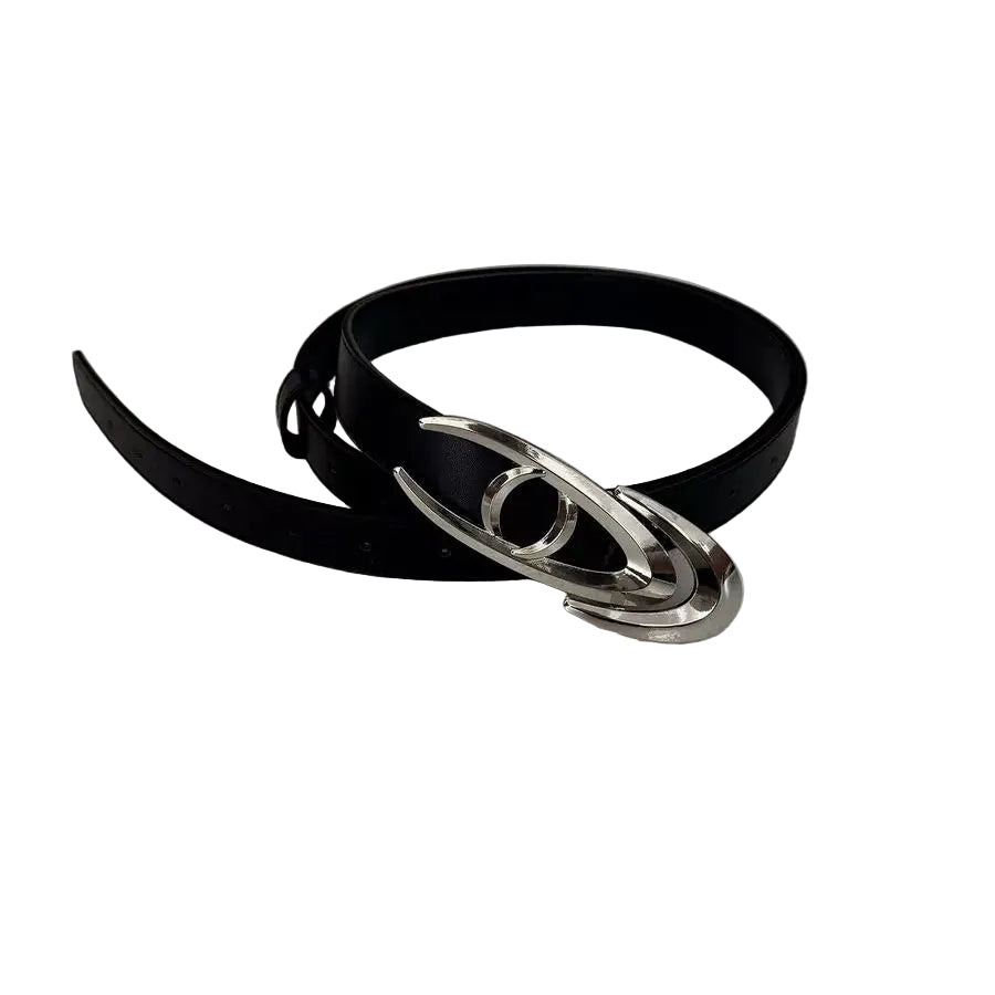 Marthenaut Slim Black Leather Belt Curved Logo Metal Buckle Waist Belt