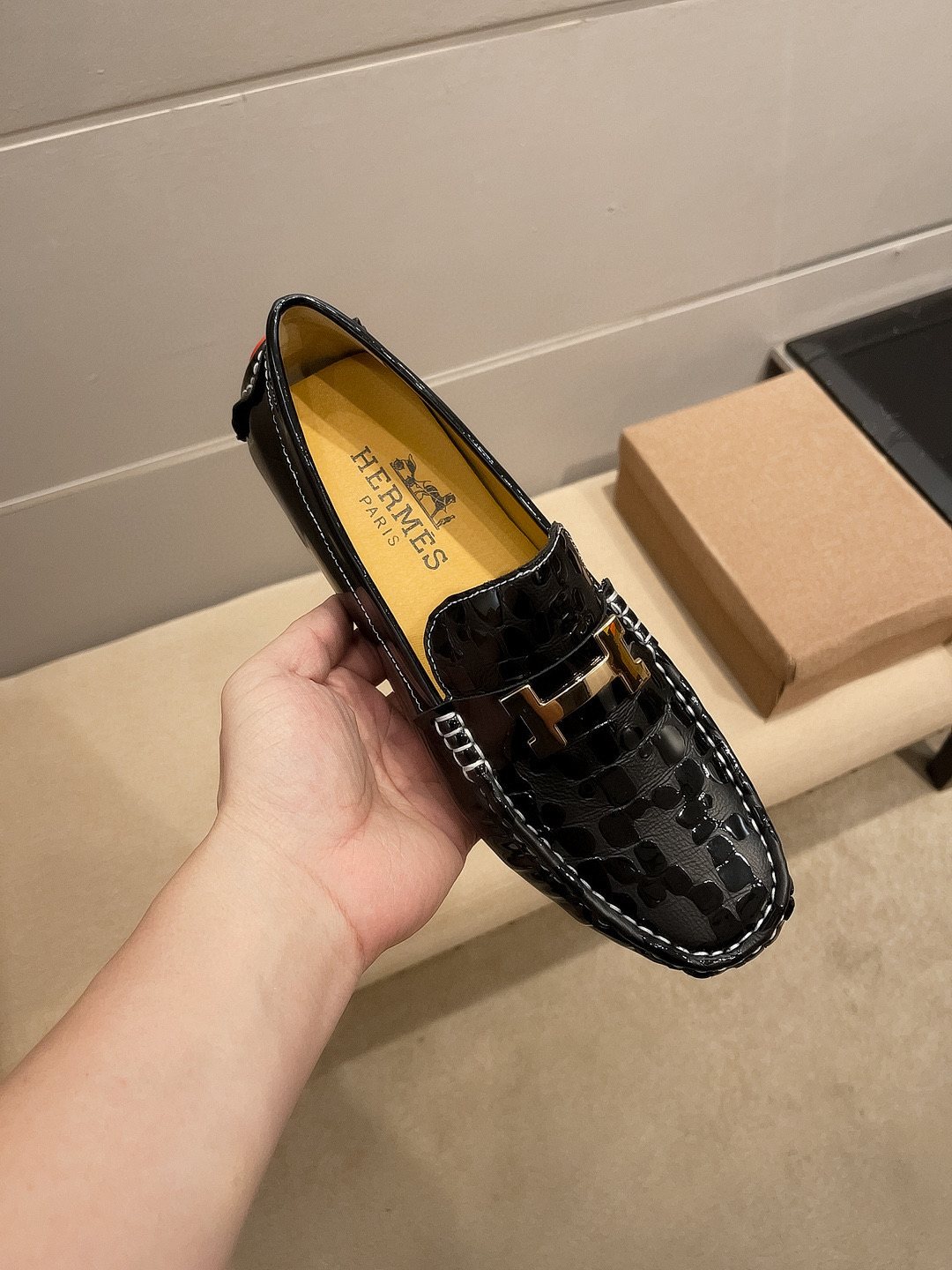 Hermès Black Textured Loafers