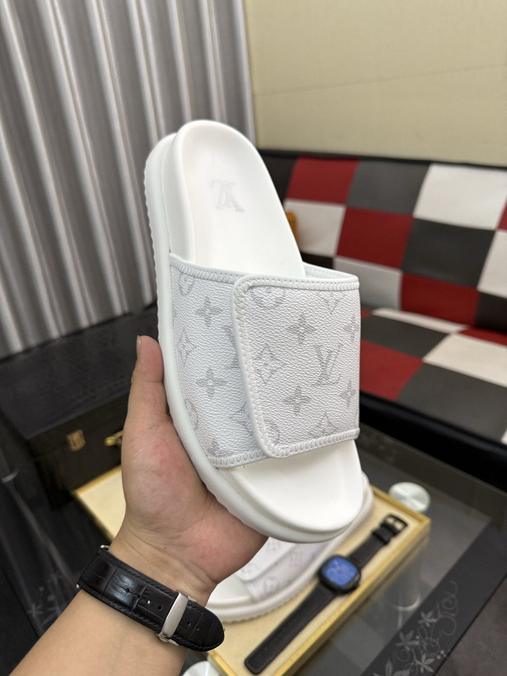 Louis Vuitton Light Gray Monogram Slide Sandals