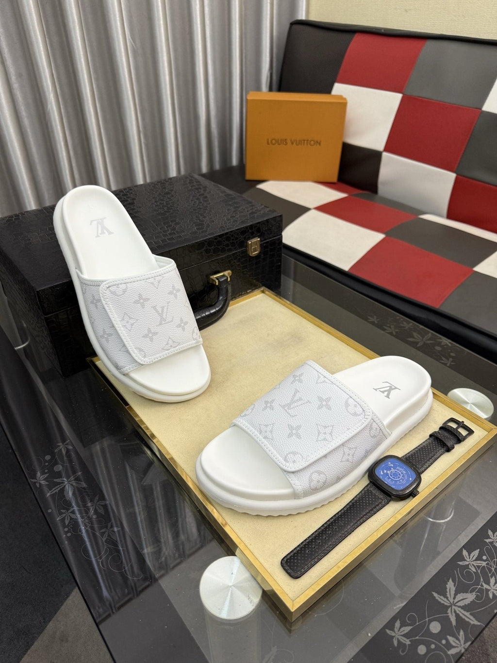 Louis Vuitton Light Gray Monogram Slide Sandals