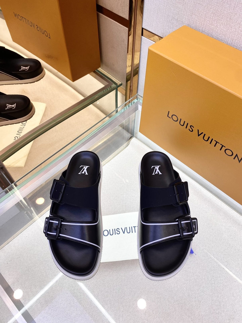 Louis Vuitton Black Two-Strap Slide Sandals