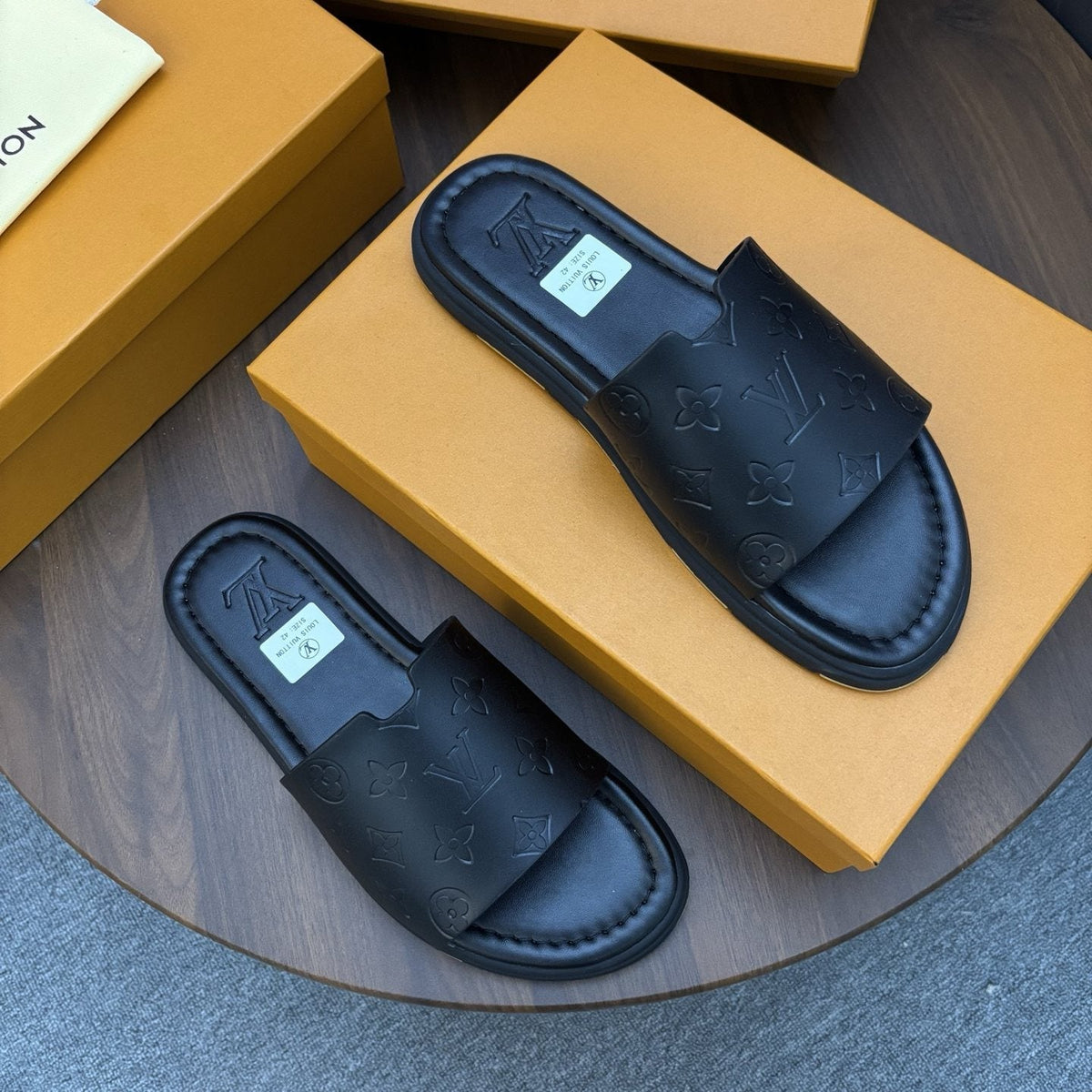 Louis Vuitton Black Embossed Slide Sandals