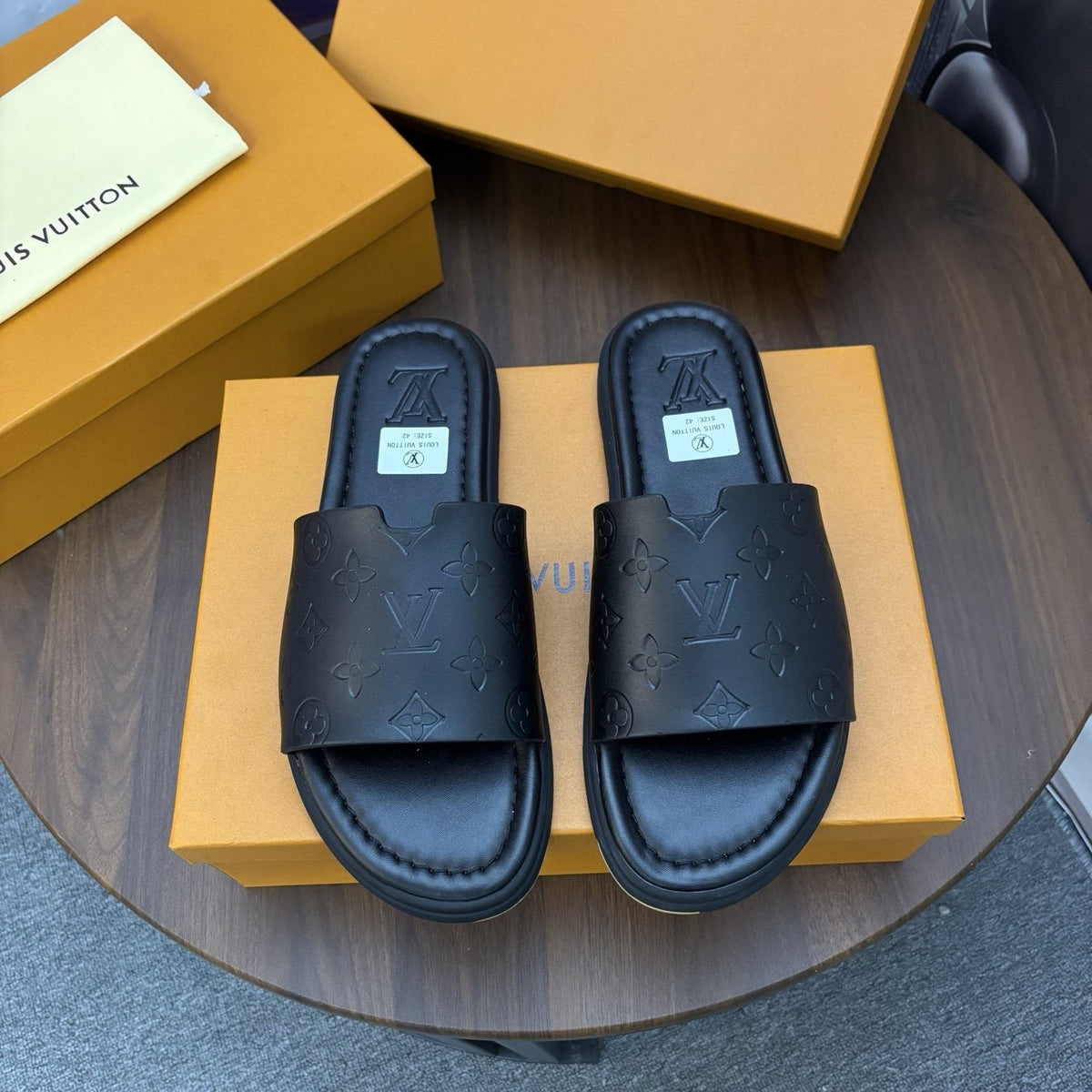 Louis Vuitton Black Embossed Slide Sandals