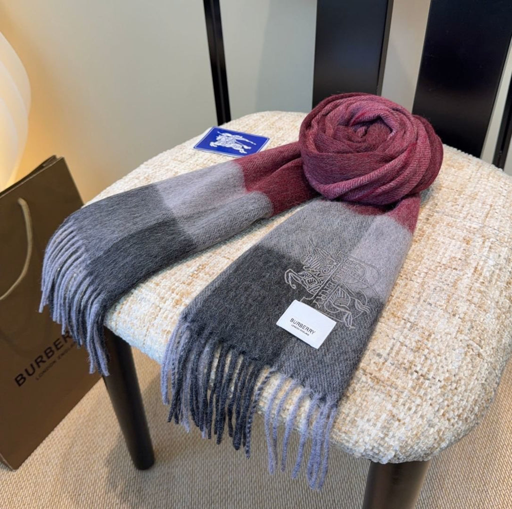 Burberry Burgundy Plaid Fringed Scarf