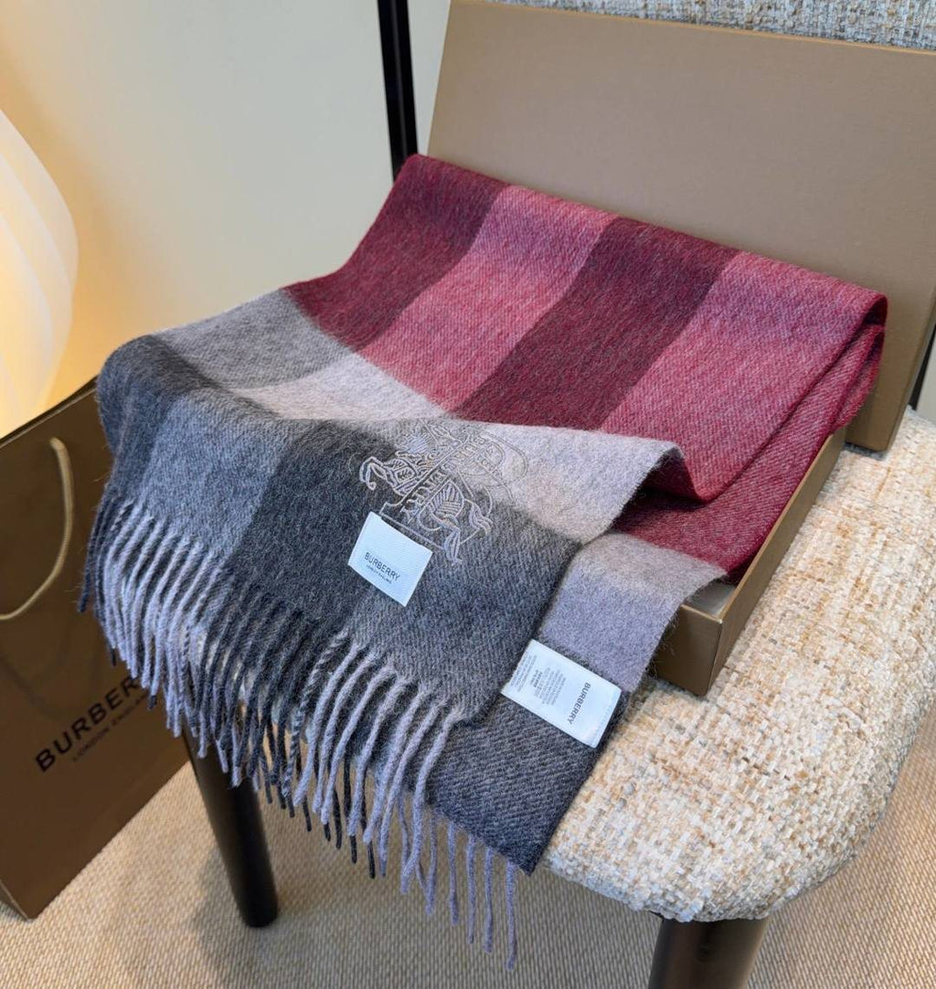 Burberry Burgundy Plaid Fringed Scarf