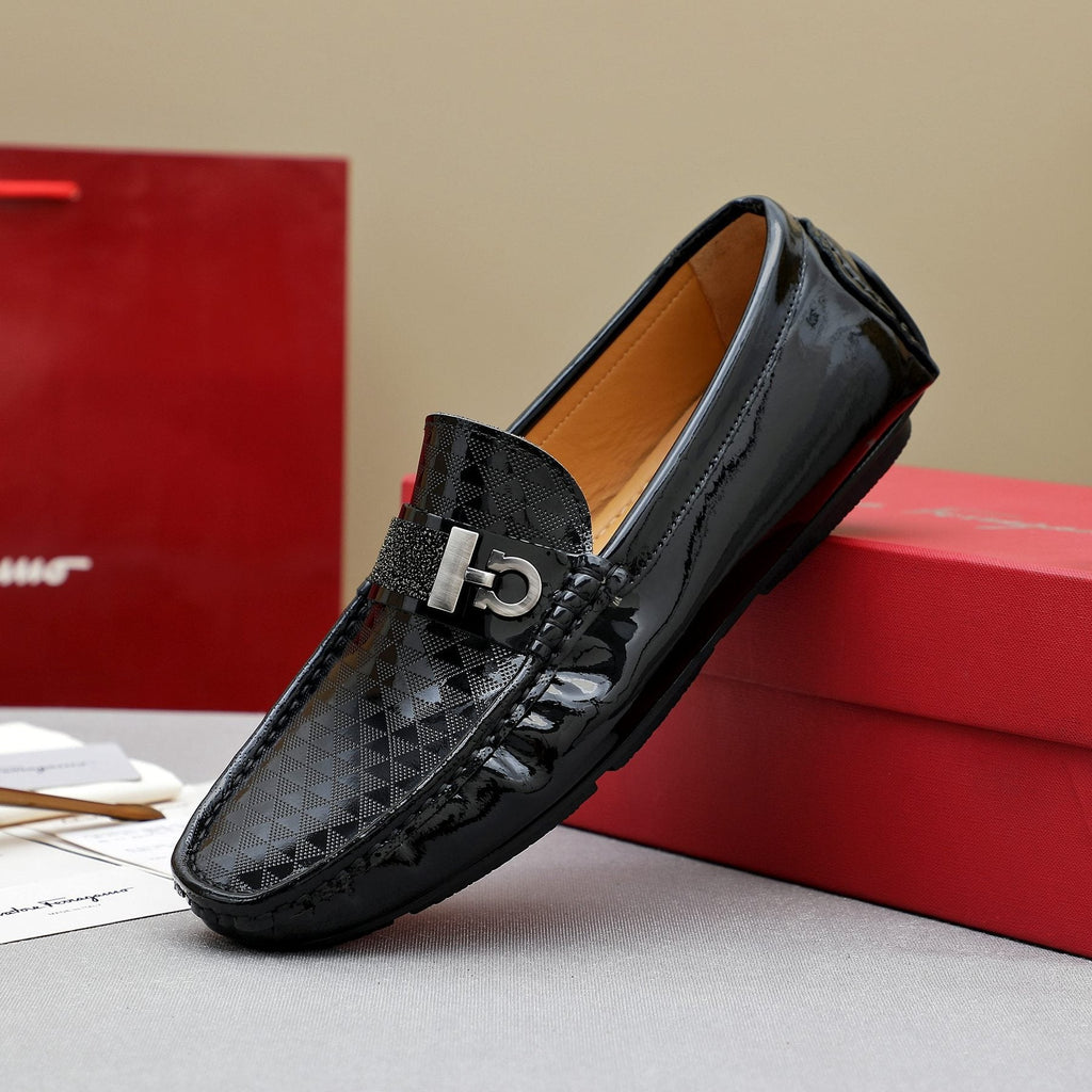 Ferragamo Men's Black Embossed Slip-On Loafers