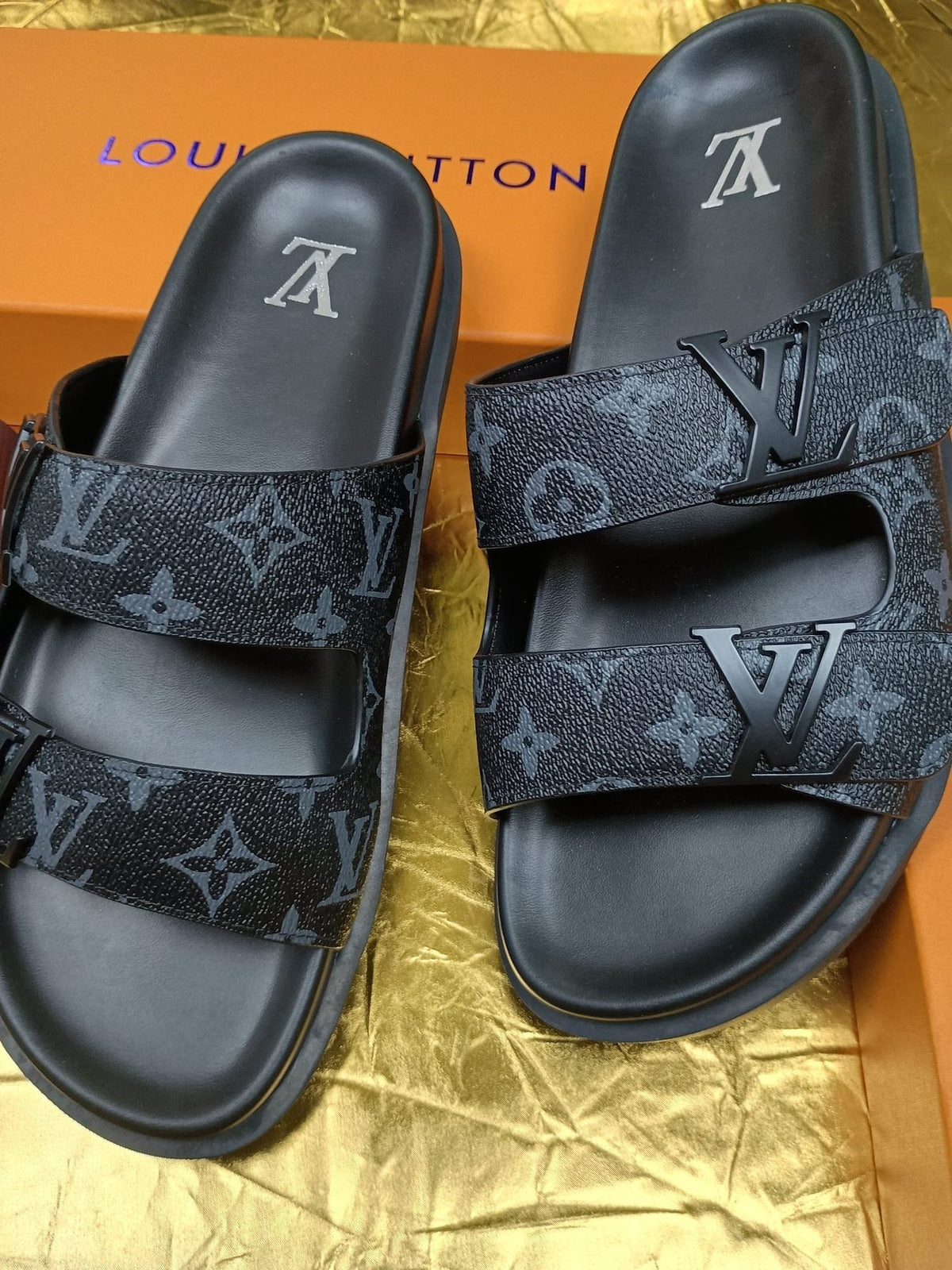 Louis Vuitton Dark Gray Monogram Slide Sandals - Black Footbed