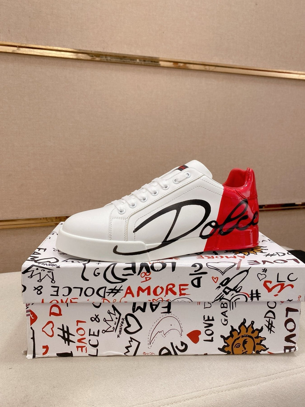 Dolce & Gabbana Men's Graphic Heel Low-Top Sneakers - White, Red & Black