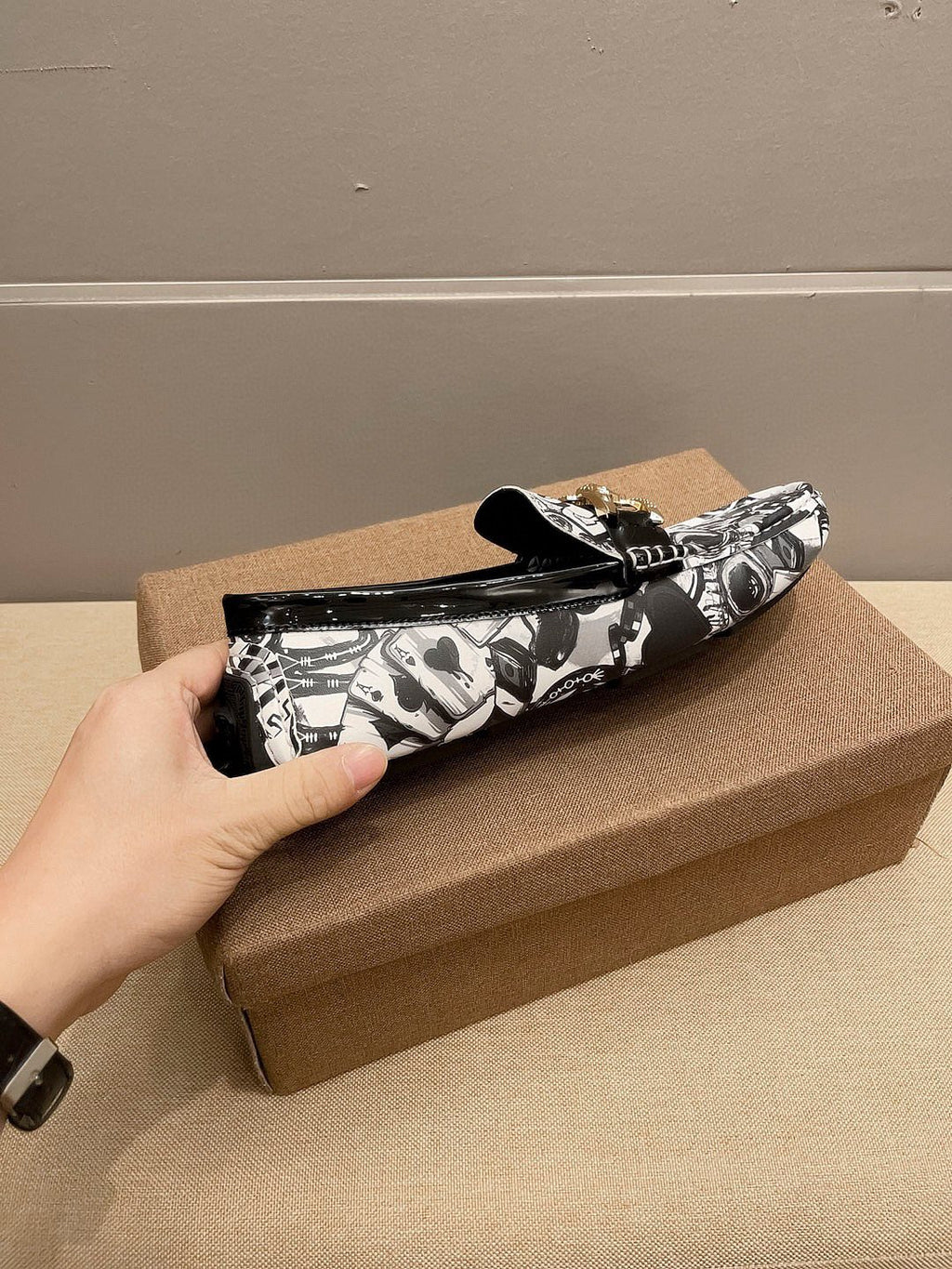 Versace Black & White Graphic Gold-Tone Loafers