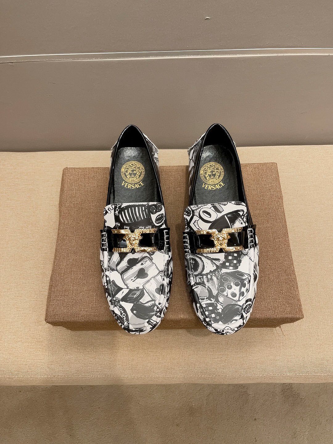 Versace Black & White Graphic Gold-Tone Loafers