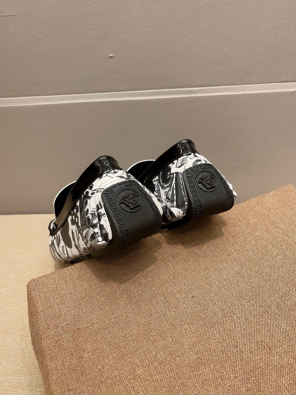 Versace Black & White Graphic Gold-Tone Loafers
