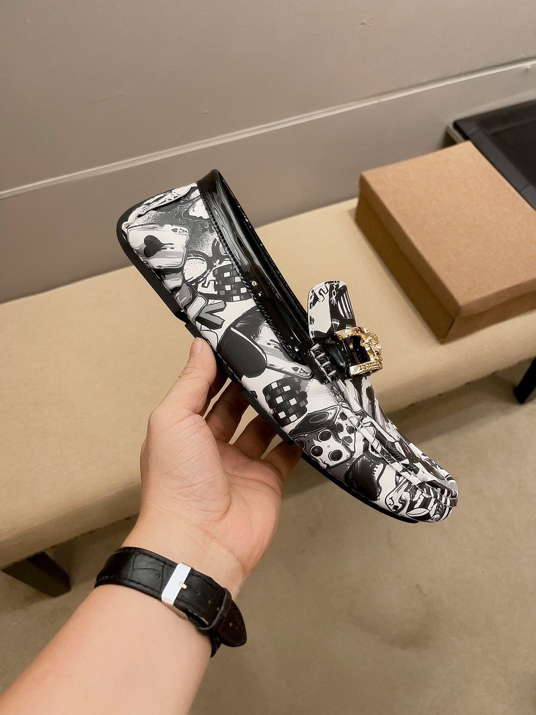 Versace Black & White Graphic Gold-Tone Loafers