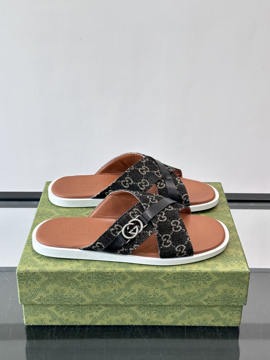 Gucci Gray and Black Cross-Strap Slide Sandals