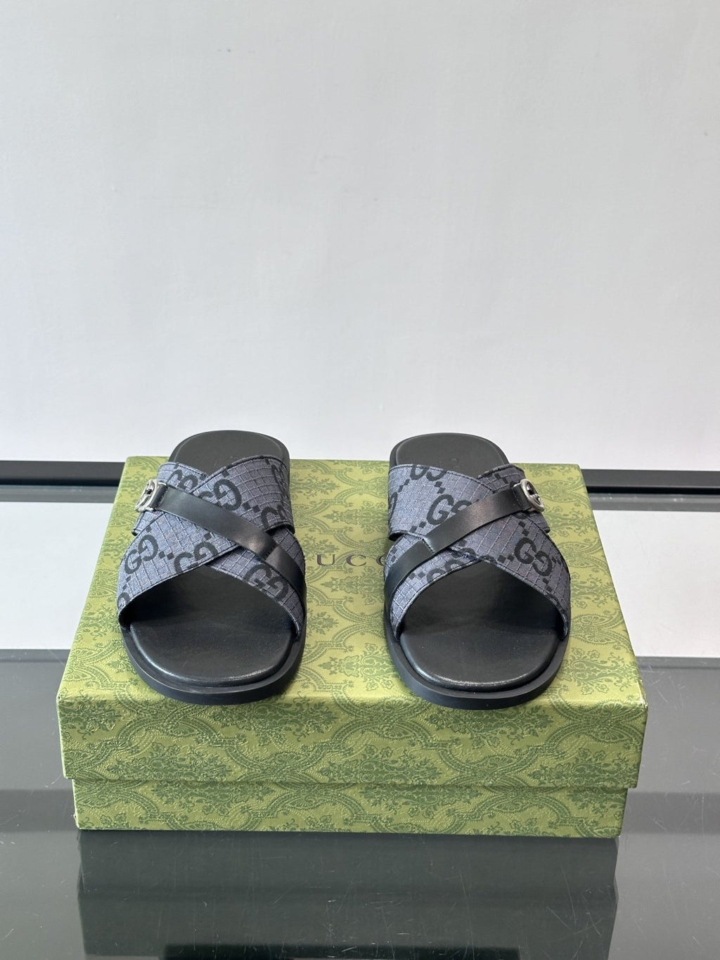 Gucci Gray and Black Cross-Strap Slide Sandals