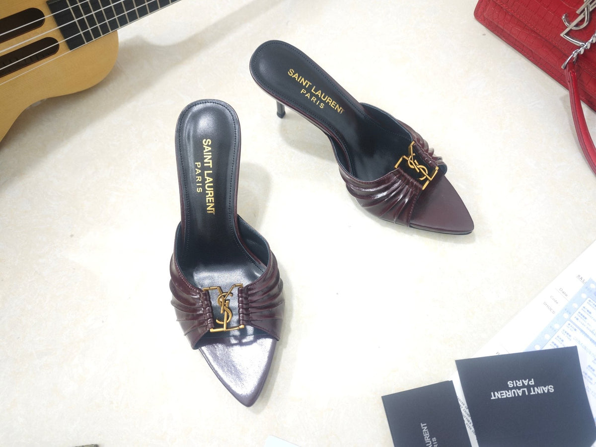Saint Laurent Women's Ruched Logo Mule Heels