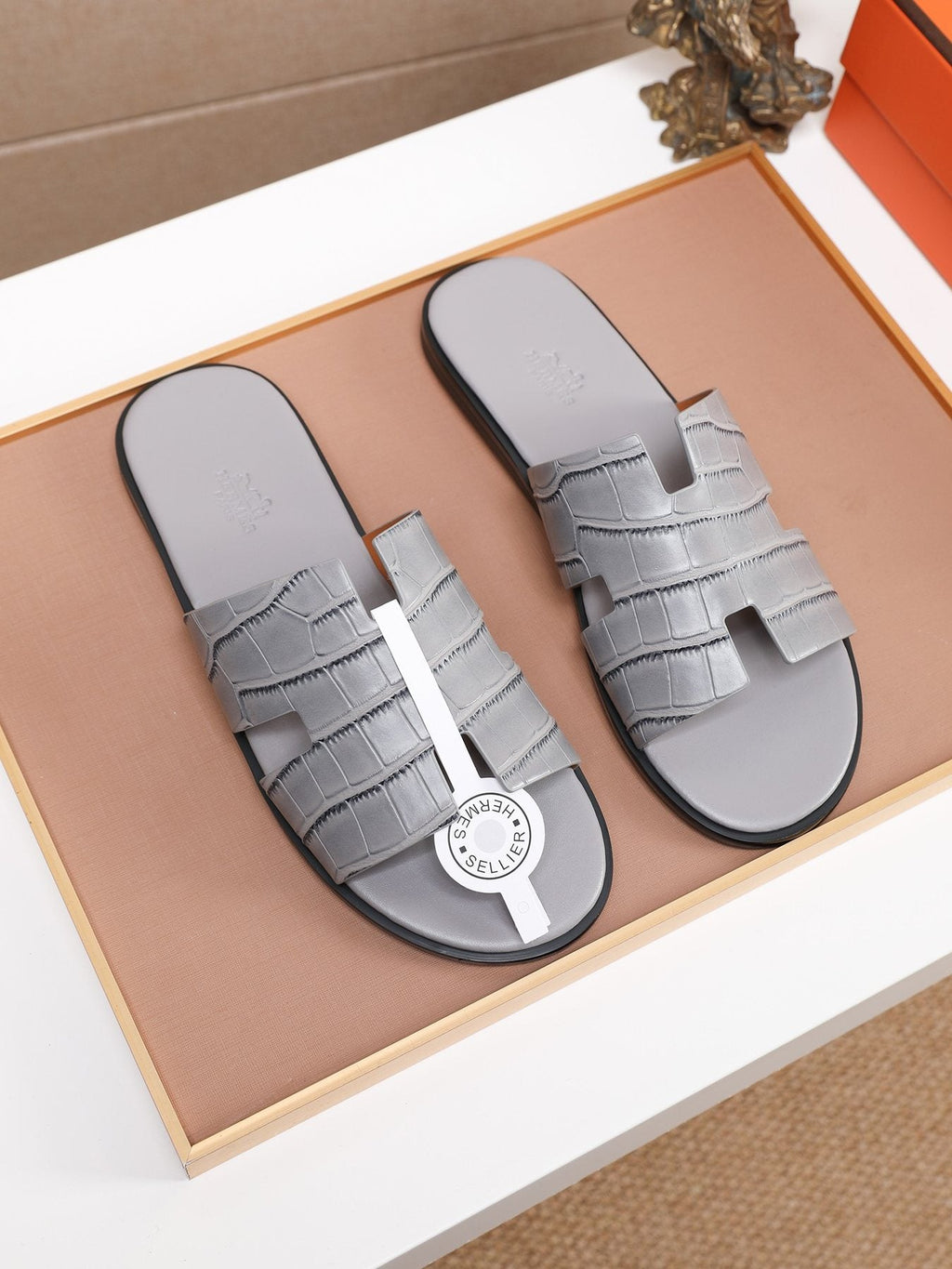 Hermes Textured H Slide Sandals