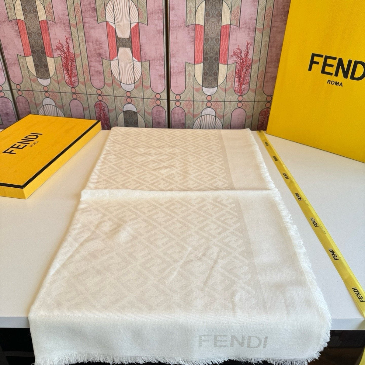 FENDI Fringed Geometric Monogram Scarf