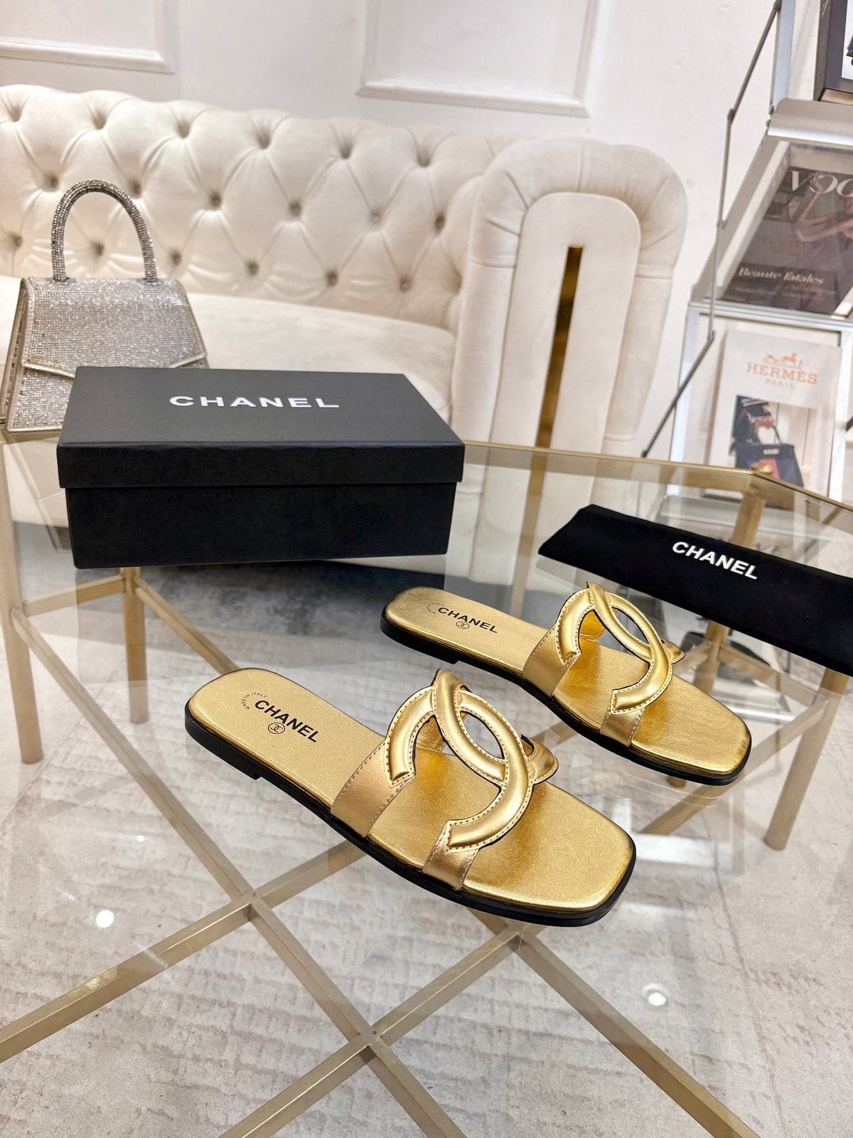 Chanel Embossed Logo Slide Sandals