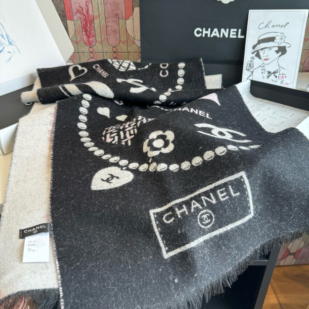 Chanel Pearl Motif Fringe Scarf
