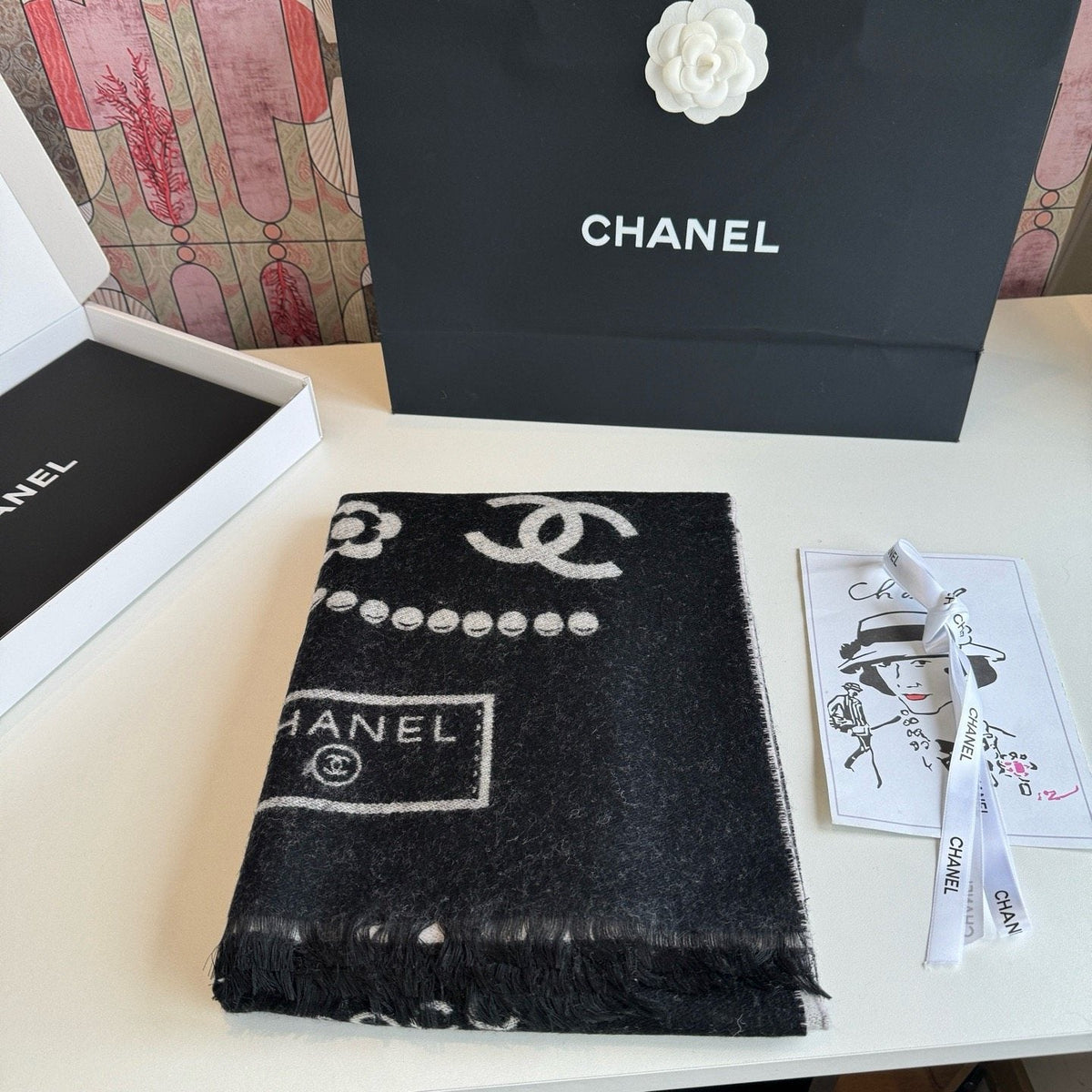 Chanel Pearl Motif Fringe Scarf