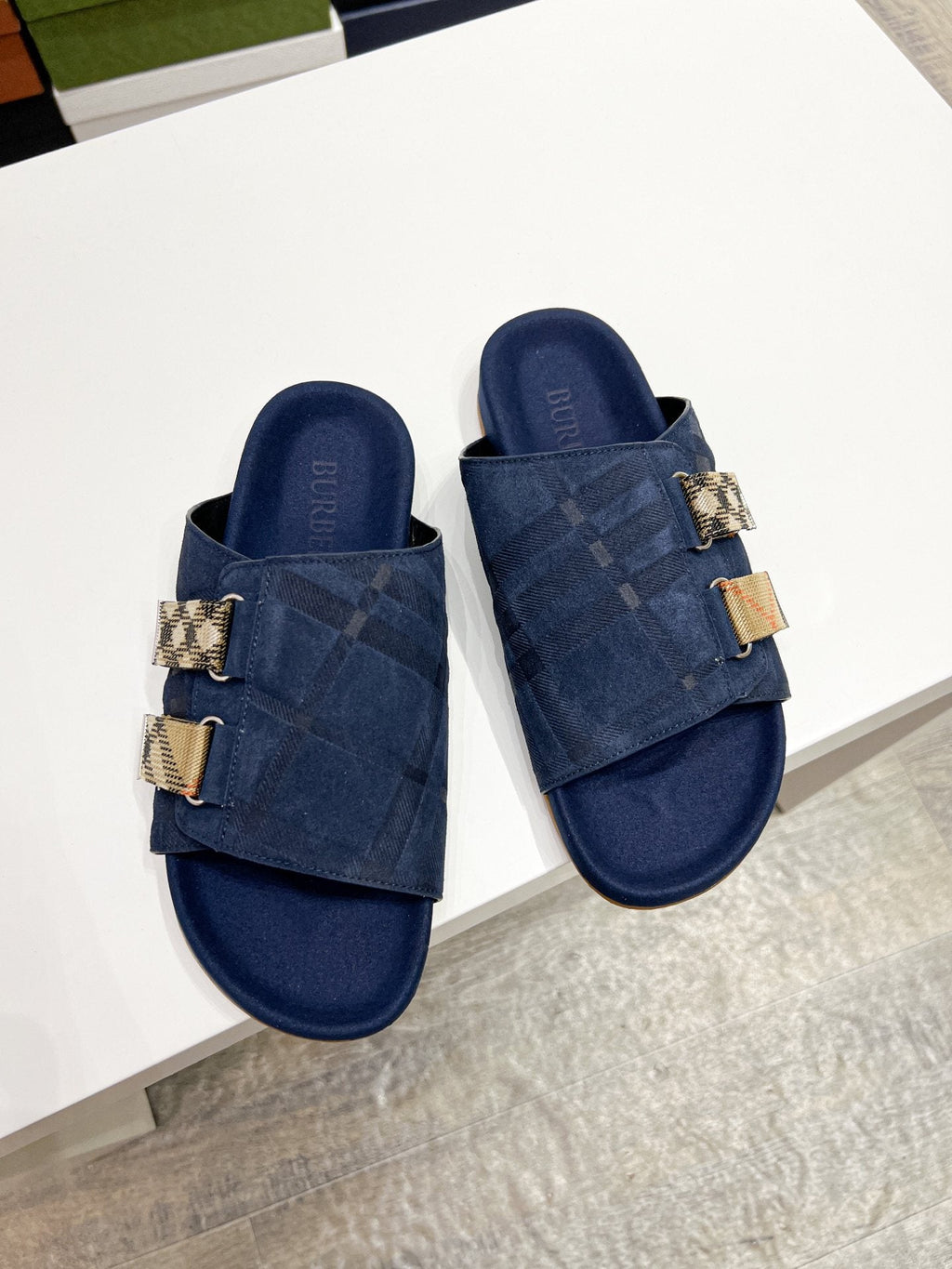 Burberry Navy Check Buckle Slide Sandals