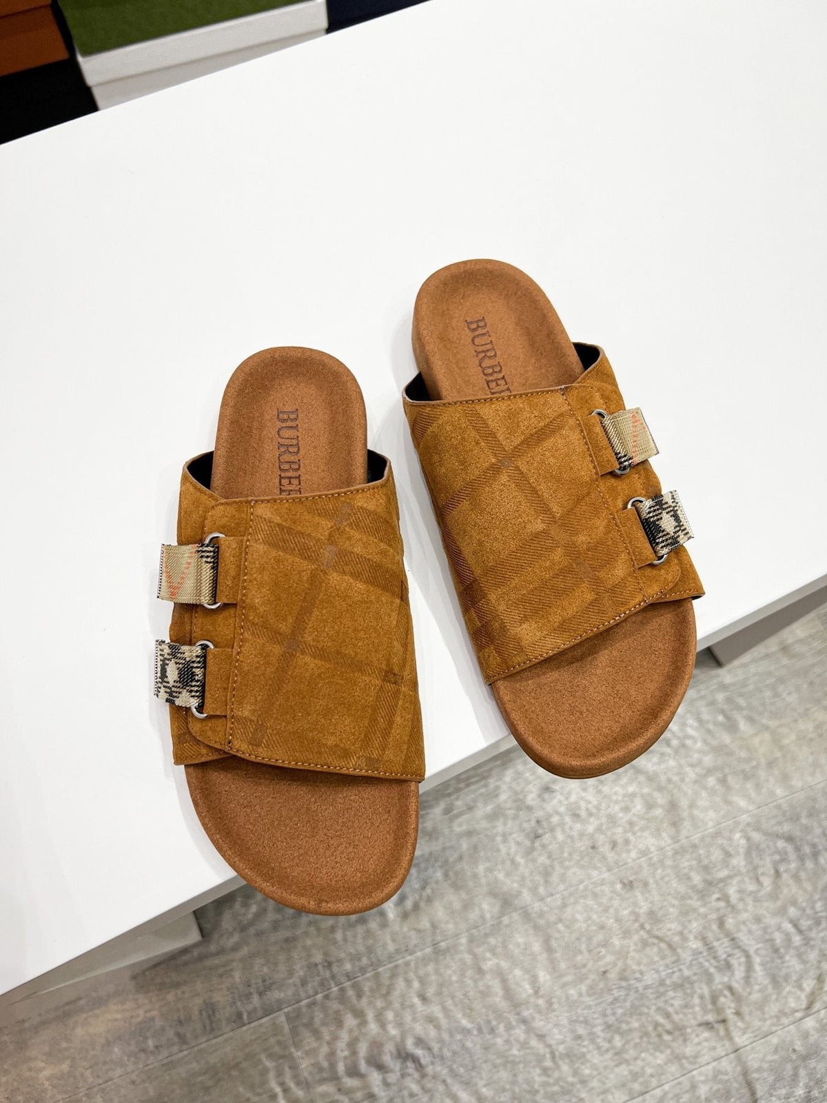 Burberry Navy Check Buckle Slide Sandals