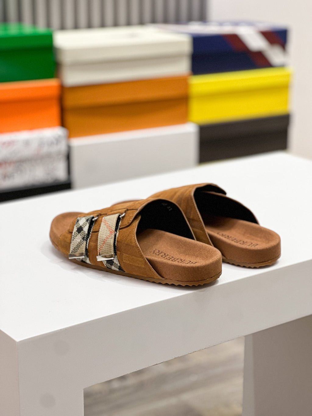 Burberry Navy Check Buckle Slide Sandals